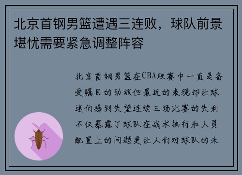 北京首钢男篮遭遇三连败，球队前景堪忧需要紧急调整阵容